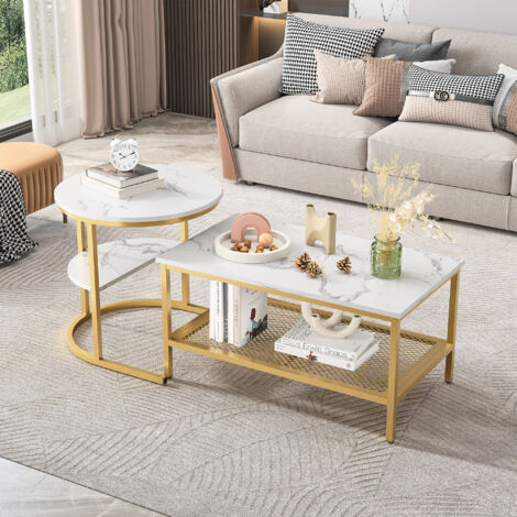 Mesa de centro, Mesa de centro para sala de estar, Mesa de centro rectangular con mesa auxiliar redonda, diseño minimalista y función de almacenamiento, Dorada