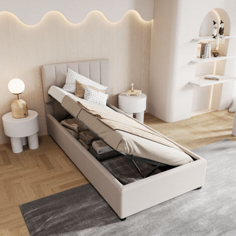 Cama 90x200 con somier, Cama baúl 90x200, Cama individual 90x200, Cama de una plaza, Cama infantil con almacenamiento hidráulico, Tela de lino beige, Cama alta con espacio de almacenamiento integrado