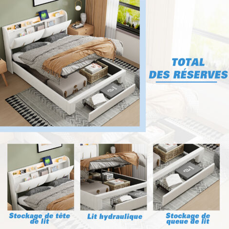 Cama de 140x200 cm, cama de 140x200 cm con somier, cama doble de 140 cm, cama de 160x200 cm con canapé y cabecero tapizado, iluminación LED y puerto USB.