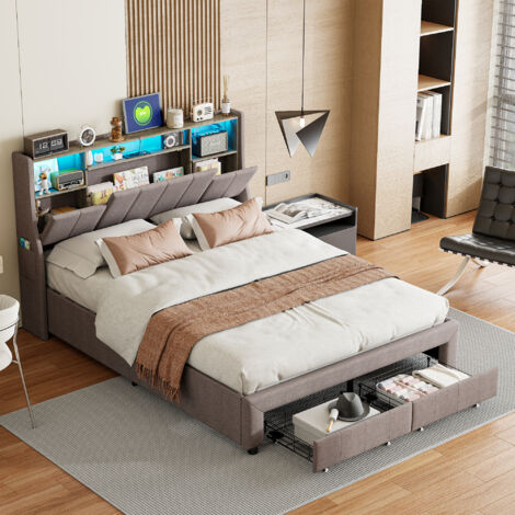 Cama de 140x200 con somier, Cama de 140x200, Cama de matrimonio 140, Cama con almacenaje, tejido de lino gris, cabecero con LED, cajones y bolsillos laterales (1/5)