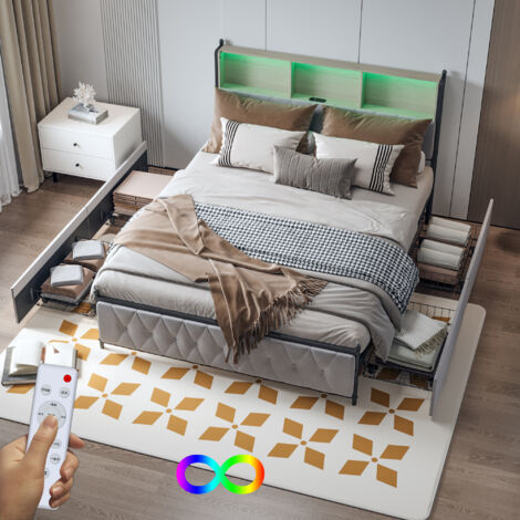 Cama baúl 160x200, Cama de 160x200 con somier, Cama beige de terciopelo con LED, cajones de almacenaje y puertos de carga, Cama LED 160x200 con espacios de almacenamiento