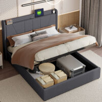 Cama 160x200, Cama 160x200 con somier, Cama baúl 160x200 con somier, Cama hidráulica con almacenamiento, 2 USB + 1 Tipo-C, Gris