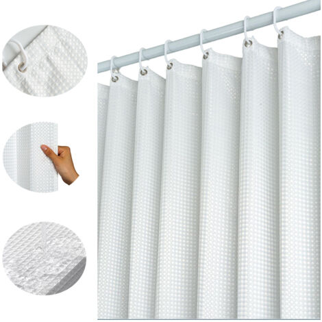 100x180CM (Blanc) Rideau de Douche Gaufre avec Anneaux en Métal Rideau de Douche Baignoire Anti Moisissure Tissu Rideau Salle de Bain Robuste pour Baignoire Cabine de Douche, Ourlet Lesté