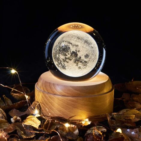 Veilleuse Boîte à musique, boule de cristal avec veilleuse de nuit Boîte à musique avec socle en bois pour projecteur à DEL pour Noël, cadeau de Thanksgiving (Lune)-RAPANDA
