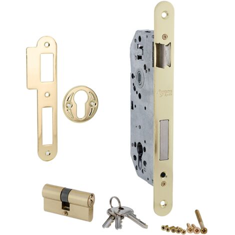Cerradura embutir 50mm bombín euro 85mm ejes dorado canto redondo