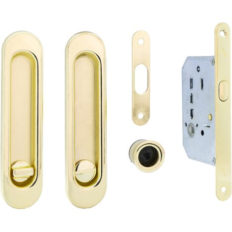 Kit puerta corredera picaporte condena uñero ovalado dorado brillo 16mm