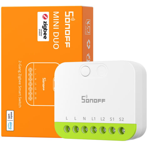 SONOFF MINI-ZB2GS Interrupteur Intelligent Zigbee à 2 Canaux, Compatible Zigbee 3.0, Charge Totale 16A, Compact pour Boîtes Standard, Contrôle à Distance et Automatisé via Hub Zigbee