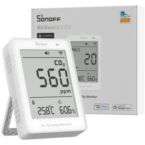 SONOFF SAWF-08P AirGuard CO₂ Moniteur Intelligent de Qualité d'Air Intérieur,Affichage & Alarme en Temps Réel, pour Chambre/Chambre d'Enfant,Compatible Matter, WiFi 2,4 GHz, Détecteur de CO₂/Temp/Humi