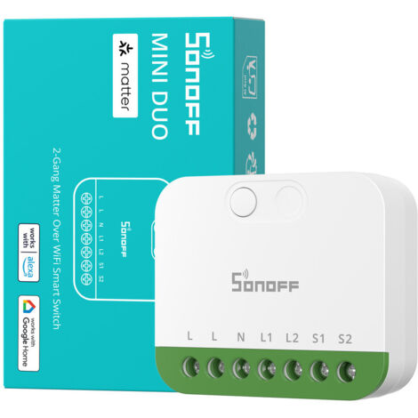 SONOFF MINI-2GS Interrupteur Intelligent WiFi à 2 Canaux, Compatible Matter, Charge Totale 16A, Compact pour Boîtes Standard, Contrôle à Distance et Automatisé