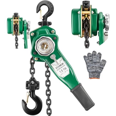 Stanew – Palan à levier manuel 1,5t – Hauteur de levage 2,8m – Chaîne G80 en acier au manganèse – Crochet orientable 360° – Système de freinage à double cliquet