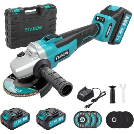 Stanew – Meuleuse d'angle sans fil 20V – Vitesse à vide 8500 trs/min – Diamètre disque 125 mm – 2 batteries 4000mAh – Moteur Brushless