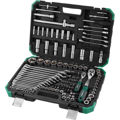 Stanew – Coffret de douilles 131 pièces 1/4' et 1/2' – Acier au chrome vanadium – 2 clés à cliquet doubles – 3 clés à double extrémité ouverte