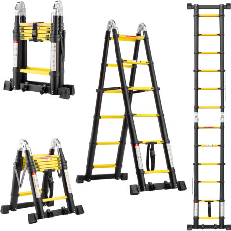 TEENO Échelle Télescopique en Aluminium 3.8 M (1.9+1.9), Escabeau 2x6 Marches Pliable Professionnel Multifonction, avec 2 Roues Amovibles et Stabilisateurs Triangulaires et Barre Stabilisatrice