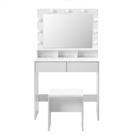 FurnitureR Coiffeuse avec éclairage LED, 3 couleurs, luminosité réglable, miroir, étagères, tabouret, 2 tiroirs, blanc (1/5)