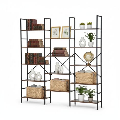 FurnitureR Bibliothèque à 14 étagères, étagères industrielles, support pour plantes dans le salon ou le couloir, 152 x 24 x 166 cm, brun vintage (1/5)