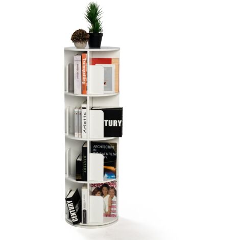 FurnitureR Bibliothèque rotative à 4 étages, étagère en bois pivotante à 360°, rangement sur pied pour salon, bureau, chambre à coucher, pièce d'angle, 40 x 40 x 128 cm, blanc (1/5)