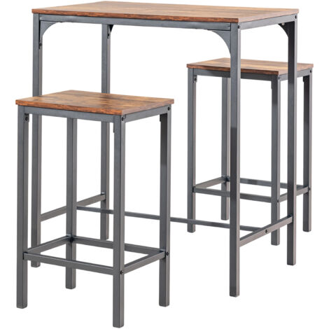 FurnitureR Ensemble de bar 3 pièces, table de bar bistrot + 2 tabourets, table de petit-déjeuner avec 2 tabourets hauts, structure en acier, pour cuisine, salle à manger, salon, marron (1/5)