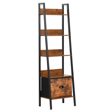 FurnitureR Étagère à échelle, étagère mince, bibliothèque pour bureau à domicile, salon, chambre à coucher, cuisine, bibliothèque en bois avec tiroirs, style industriel, brun rustique et noir encre, 5 (1/5)