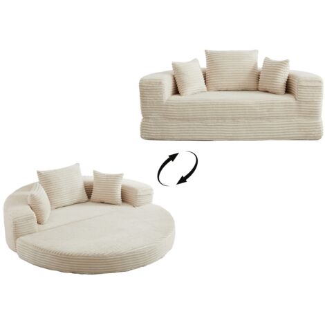 FurnitureR Canapé en Velours Côtelé Convertible 2 en 1 Canapé Lit Rond en Mousse avec Poche Latérale Sofa Confortable Petit Espace, Beige (1/5)