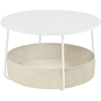 FurnitureR Table basse ronde avec rangement, table centrale blanche brillante pour salon avec panier en tissu, D7575H45,5 cm