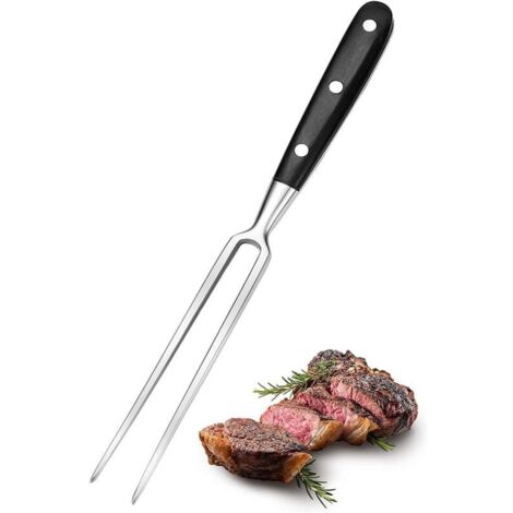 Tenedor grande de carne de acero inoxidable con mango de madera, longitud de hoja de 15 cm, para barbacoa, asar carne, cocinar (negro) (1/4)