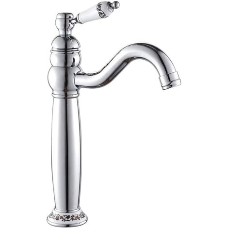 Mezclador de lavabo clásico de latón, mezclador monomando, mango de cerámica (plata) (1/5)