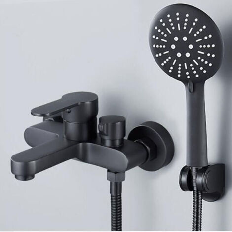 Grifo mezclador de baño negro con ducha de mano de 3 chorros - Grifo de ducha de pared - Monomando para bañera con soporte y manguera