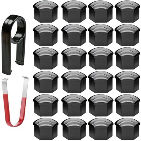 24 tapas hexagonales para tuercas de rueda de 17 mm con juego de herramientas de extracción para coches (negras) (1/4)