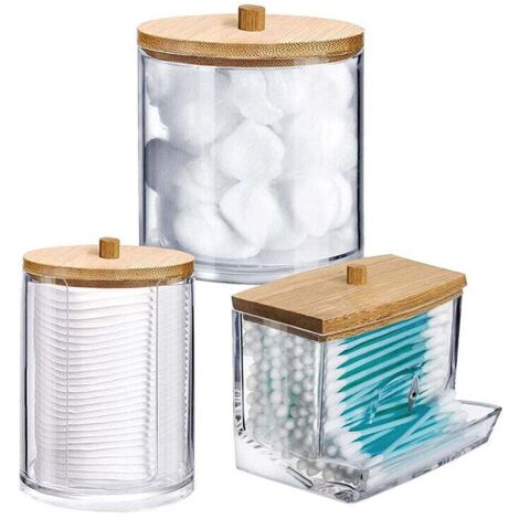 Dispensador de discos de algodón (3 unidades), soporte para hisopos de algodón, caja de acrílico para hisopos, organizador de almacenamiento de algodón con tapas de bambú.