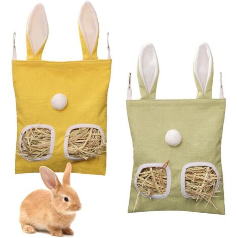 Bolsa de heno para conejos, dispensador de heno 3/2, automático, colgante con 2 ventanas, para animales pequeños, conejos, chinchillas y cobayas.