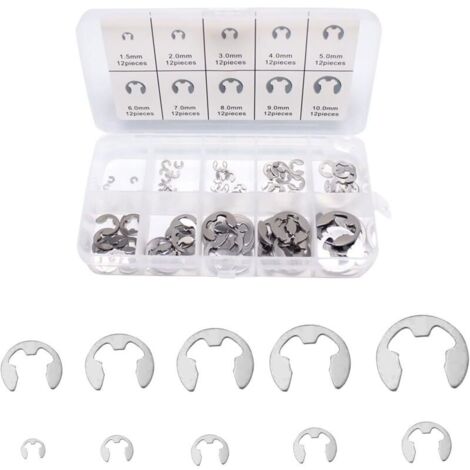 Anillos de retención internos, anillo de retención interno, anillo de retención tipo E, juego de anillos de retención tipo E en acero inoxidable, 120 anillos de retención tipo E - Acero - 10 tamaños - (1/4)