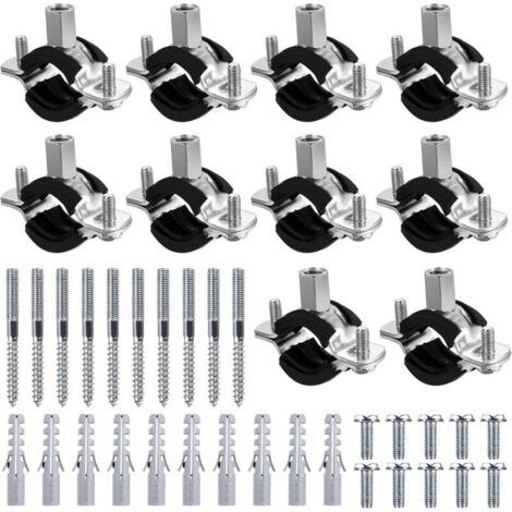 10 abrazaderas metálicas para mangueras de 26-30 mm, con inserto de goma para asegurar las tuberías de agua, 10 pernos de suspensión y 10 anclajes. (1/4)