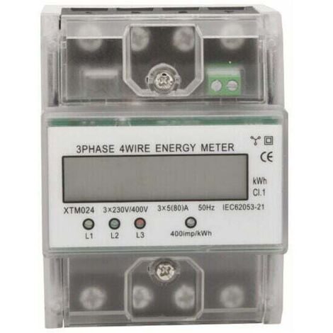 Contador de energía trifásico 4 hilos 220/380V 5-80A Consumo de energía kWh Contador Instalación carril DIN Contador de electricidad digital con pantalla LCD retroiluminada, modelo: Transparente (1/5)
