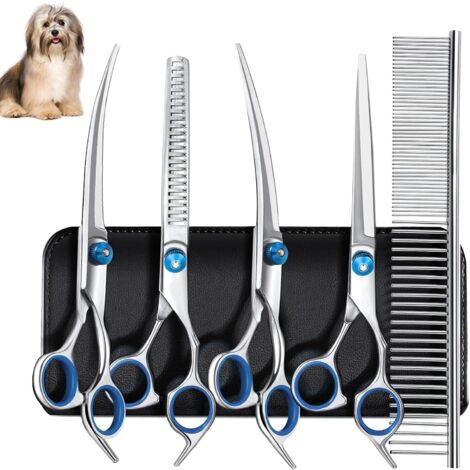 Tijeras para el cuidado de perros, kit de acero inoxidable con puntas de seguridad redondas, incluye tijeras de entresacar, tijeras curvas, tijeras rectas y peine, color azul.