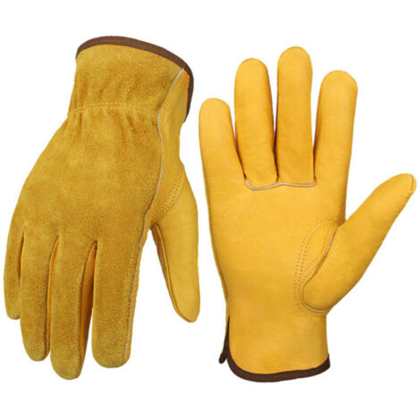Guantes de jardinería resistentes a las espinas para hombre y mujer, de cuero amarillo, dedos completos, talla L.