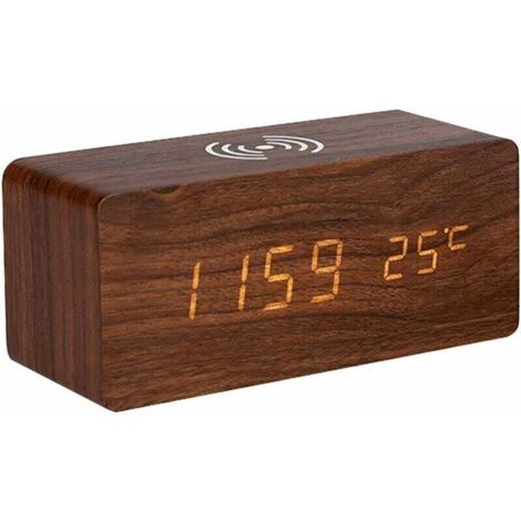 Reloj despertador digital de madera con pantalla LED electrónica para dormitorio, carga inalámbrica de 10 W, 3 configuraciones de alarma, fecha y temperatura, color marrón. (1/5)
