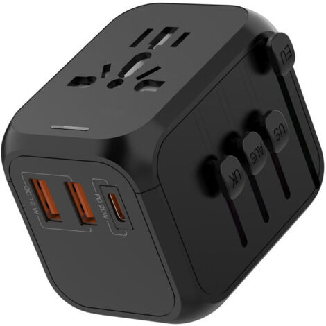 Adaptador de viaje universal con toma PD20W, 2 puertos USB, 1 puerto USB-C y 1 toma de corriente alterna, adaptador de enchufe internacional, para Alemania, EE. UU. y Reino Unido. (1/4)