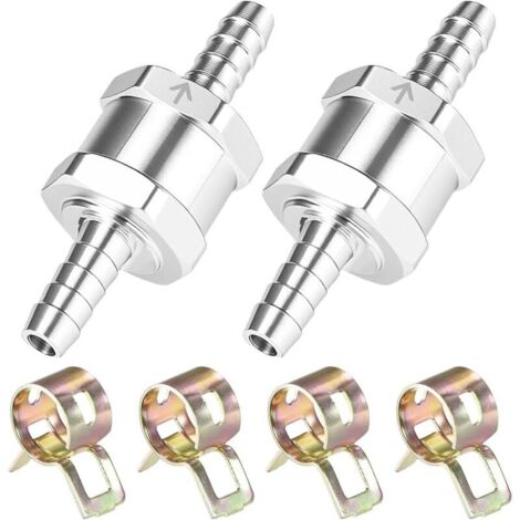 Válvula de retención de combustible de aluminio de 6 mm (paquete de 2), 4 abrazaderas para manguera, para sistemas de línea de combustible de baja presión, cromada, para aceite y agua, gasolina, autom (1/4)