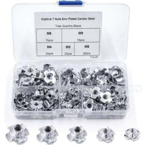 90 tuercas en T, 4 garras, acero al carbono, M3/M4/M5/M6/M8, para carpintería, inserto de acero al carbono