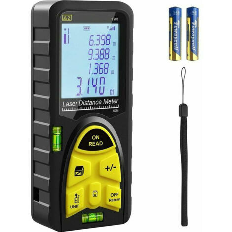 Medidor láser de 50 m, telémetro láser de 165 pies, herramienta de medición digital con mango de mano, niveles de burbuja, gran pantalla LCD retroiluminada y resistencia al agua IP54 (batería incluida (1/5)