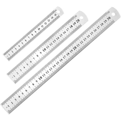 Regla de acero inoxidable (3 unidades, 15 cm, 20 cm y 30 cm), color plata.