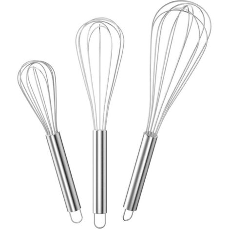 Batidor de cocina profesional de acero inoxidable, juego de 3, batidor manual (21 cm, 26 cm y 29 cm) para mezclar, amasar, batir huevos y espumar, color plata. (1/4)