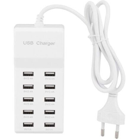 FDIT-Cargador USB con puertos múltiples, estación de carga USB de 10 posiciones con varios conectores, 100–240 V, barra de alimentación USB hub para viajes con cable para múltiples dispositivos (UE) (1/4)