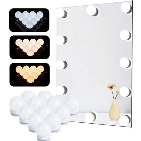 Spiegellicht, juego de 12 bombillas Hollywood, luces LED dimables para cosméticos y baño, 3 colores, 10 niveles de brillo con fuente de alimentación (el espejo no está incluido) [Clase de eficiencia e