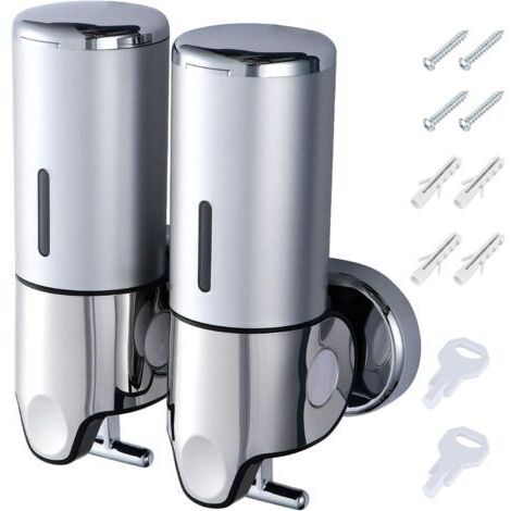 Dispensador de jabón de dos cámaras con bomba, 1000 ml, dispensador manual de jabón de pared para desinfectante para higiene de manos en baños, hoteles y cocinas (cromado) (1/5)