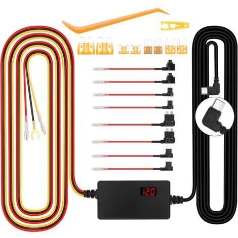 Cable para dashcam: entrada de 12 V a 24 V, salida de 5 V/3 A con indicador de voltaje, voltaje de salida ajustable, modo de parking de 24 horas, protección contra descarga completa de la batería, con (1/4)