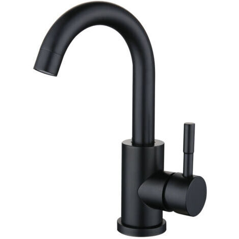 Schwarzer Warm- und Kaltwasserhahn aus Edelstahl, pequeño grifo curvado para lavabo de baño con acabado bruñido (1/5)