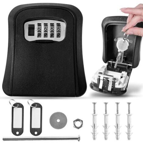 Caja fuerte de llaves con código + 2 llaveros con soporte para etiquetas. Caja fuerte de llaves exterior, caja de combinación de seguridad para uso exterior en casas, alojamientos vacacionales, etc. (1/4)