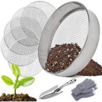 Tamiz de jardín de acero inoxidable, 5 en 1, redondo, de 30 cm, con 5 tamices intercambiables de Ø 3, 6, 9, 10 y 12 mm, para compost, tierra y semillas.