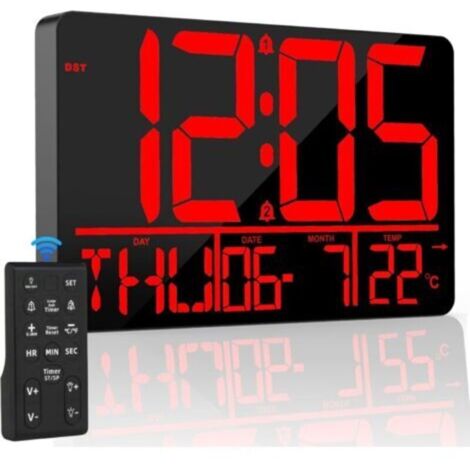 Orologio da parete digitale grande da 13'' con calendario e telecomando, temperatura/data/giorno (8 lingue)/2 sveglie/25 suonerie, LED con luminosità regolabile (rosso) (1/4)